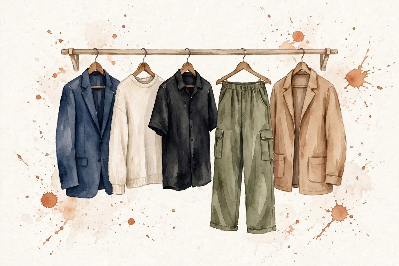 Watercolor illustration of a spare, calm closet with coordinated garments.