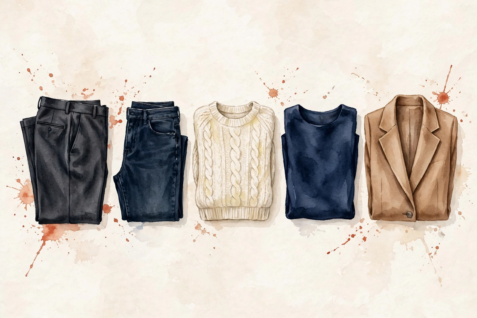 Watercolor flat-lay of five garments: trousers, jeans, cream knit, navy top, blazer.