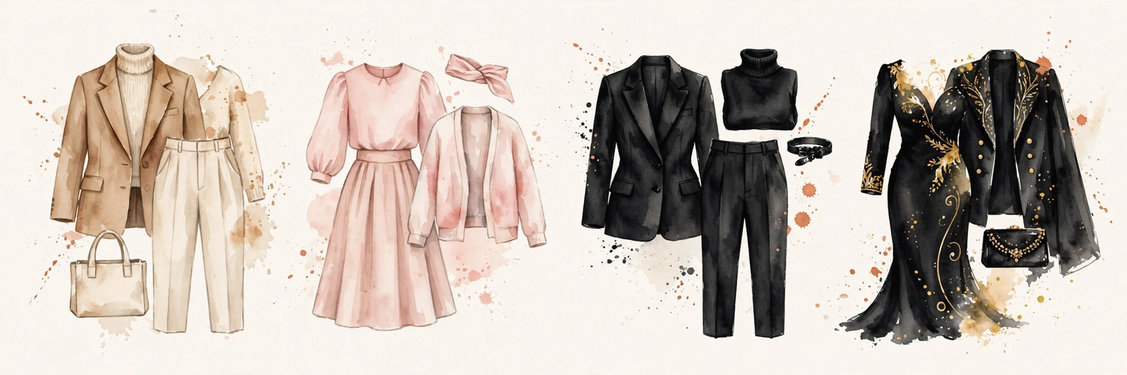 Watercolor illustration of four garment groupings in distinct trend palettes.
