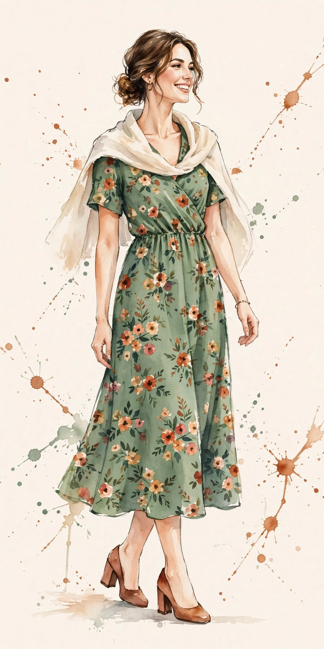 Watercolor illustration of a garden daytime wedding guest outfit.
