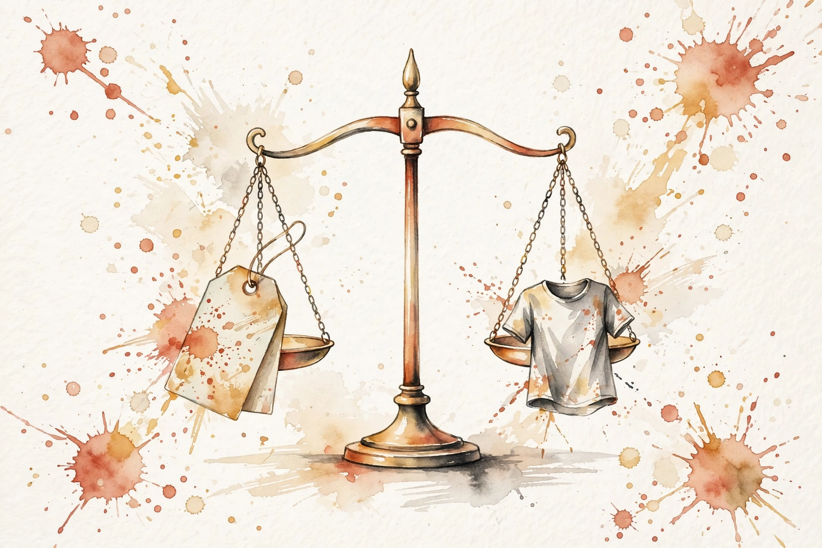 Watercolor illustration of a balance scale weighing a price tag against a garment.