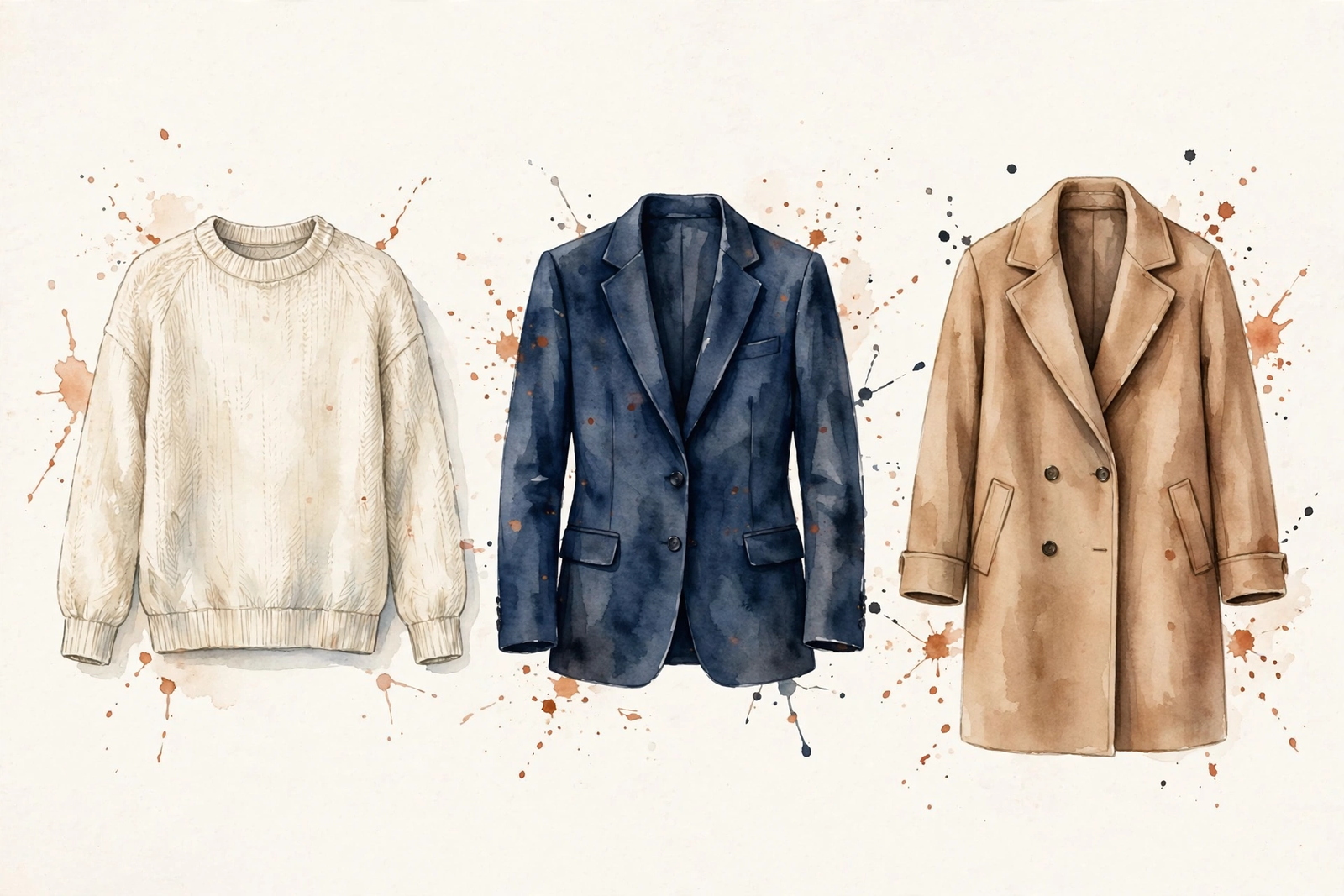 Watercolor illustration of three garment groups: base knit, mid blazer, shell coat.
