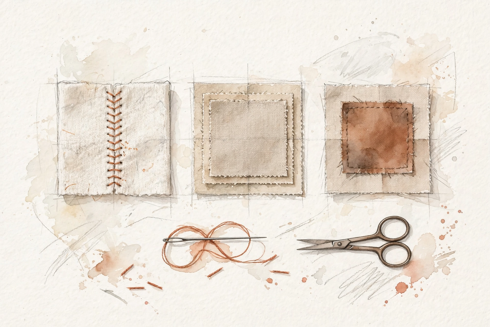 Watercolor study of three mending samples: hand stitching, layered fusible interfacing, and a fabric patch.