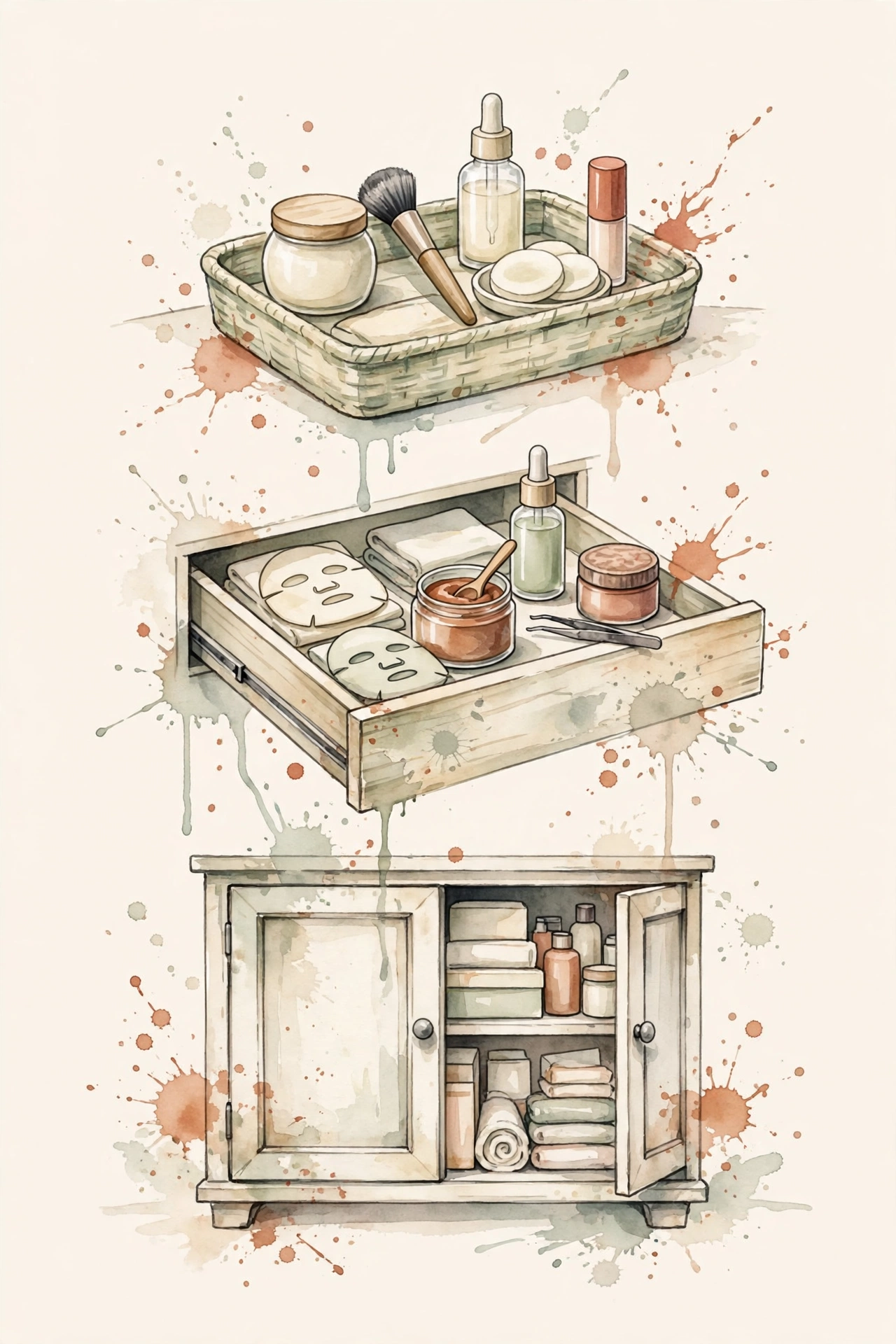 Watercolor illustration of three beauty storage zones.