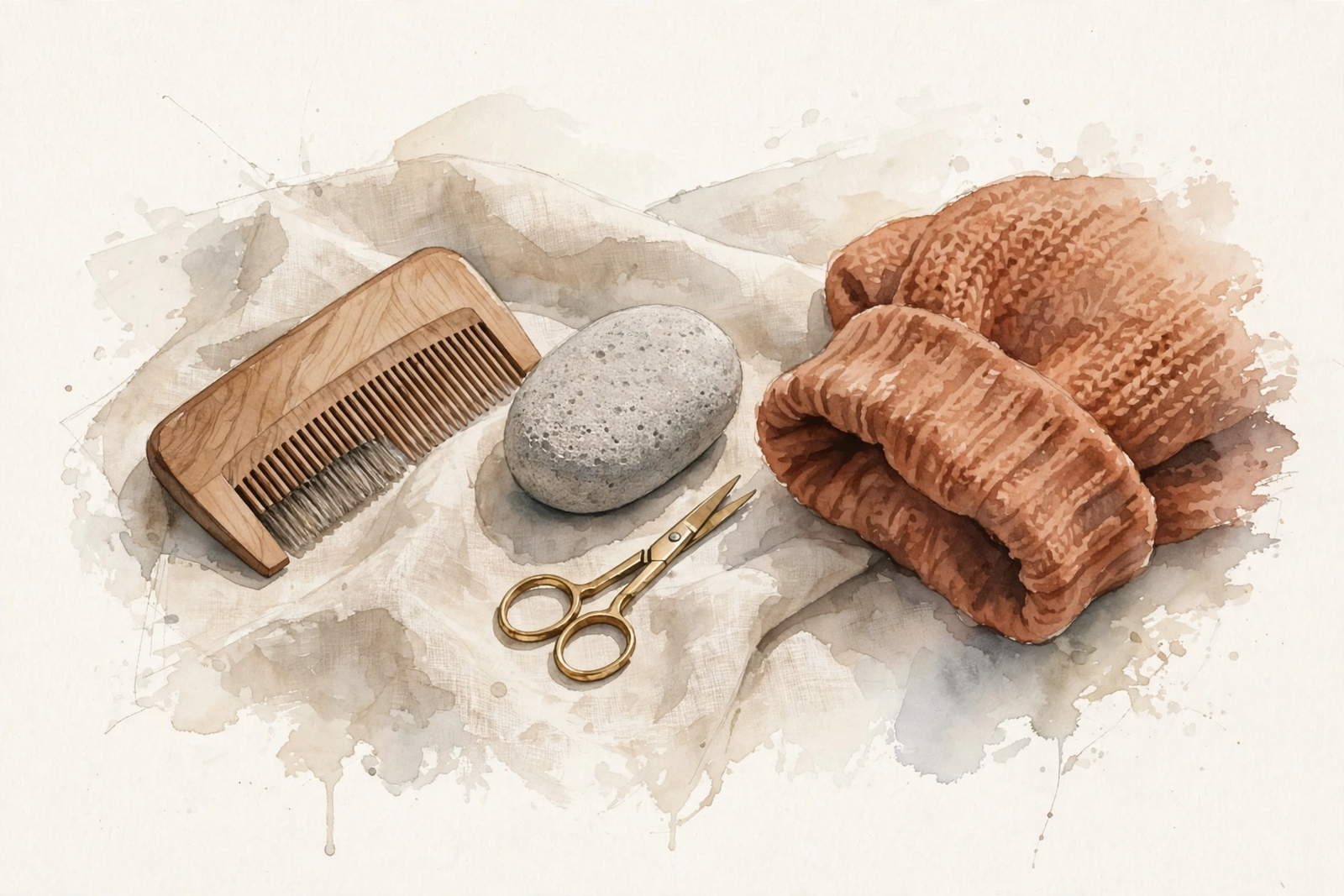 Watercolor study of a sweater comb, sweater stone, and small scissors beside a folded knit cuff.