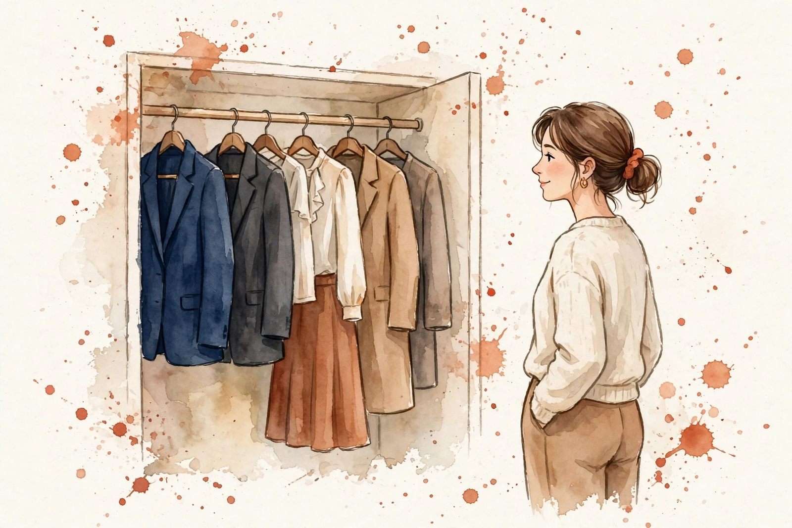 Watercolor illustration of a woman looking at her closet with satisfaction.