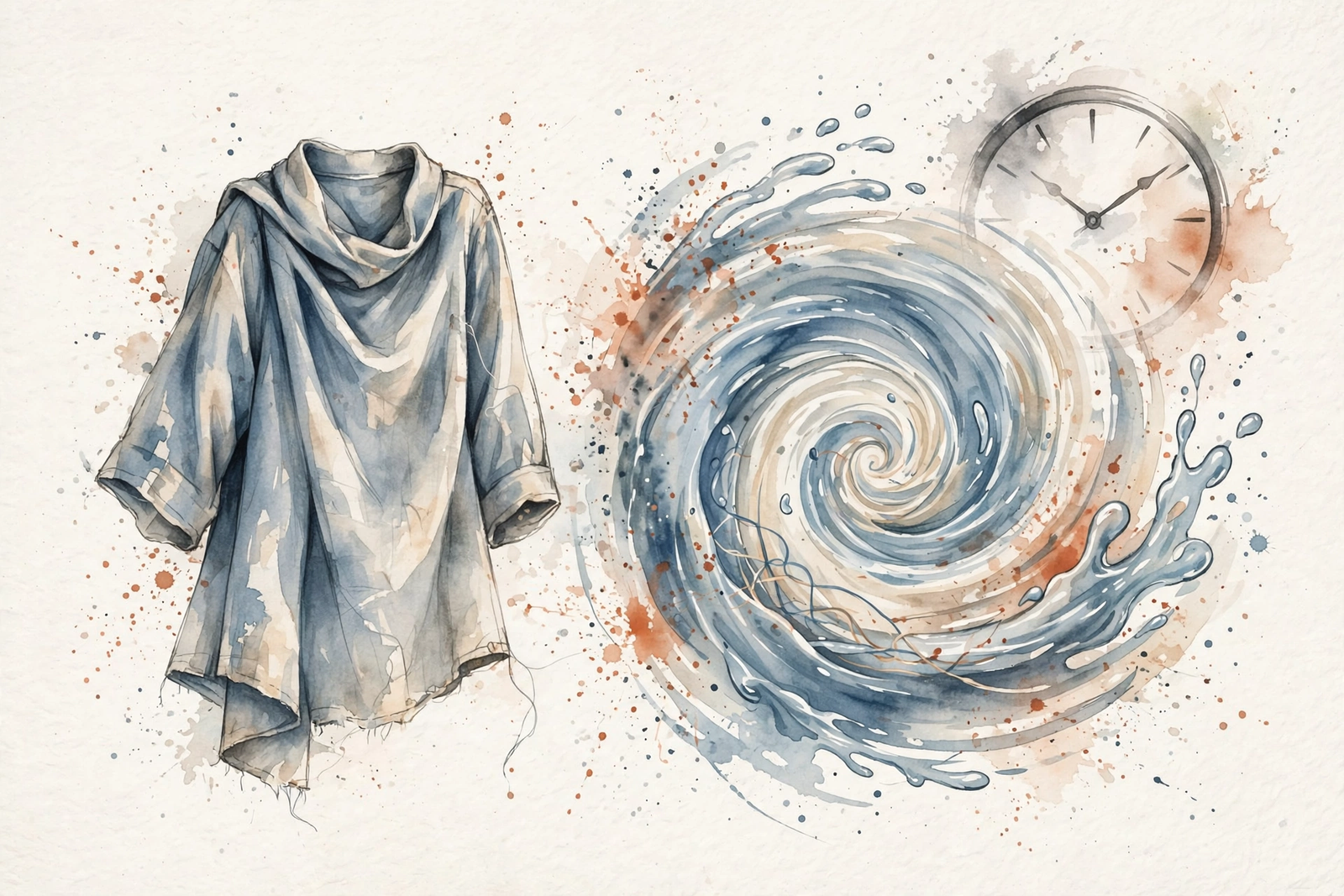 Watercolor illustration of a garment beside a water vortex and fading clock.