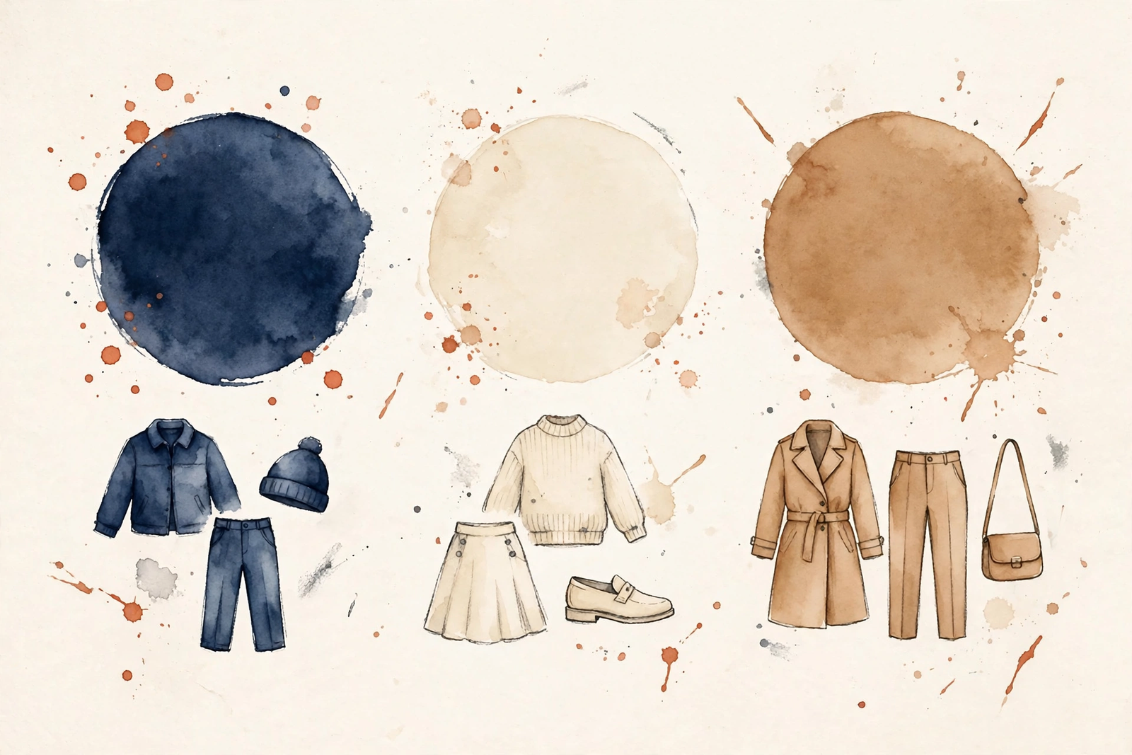 Watercolor diagram of three color swatches with garments grouped beneath each.