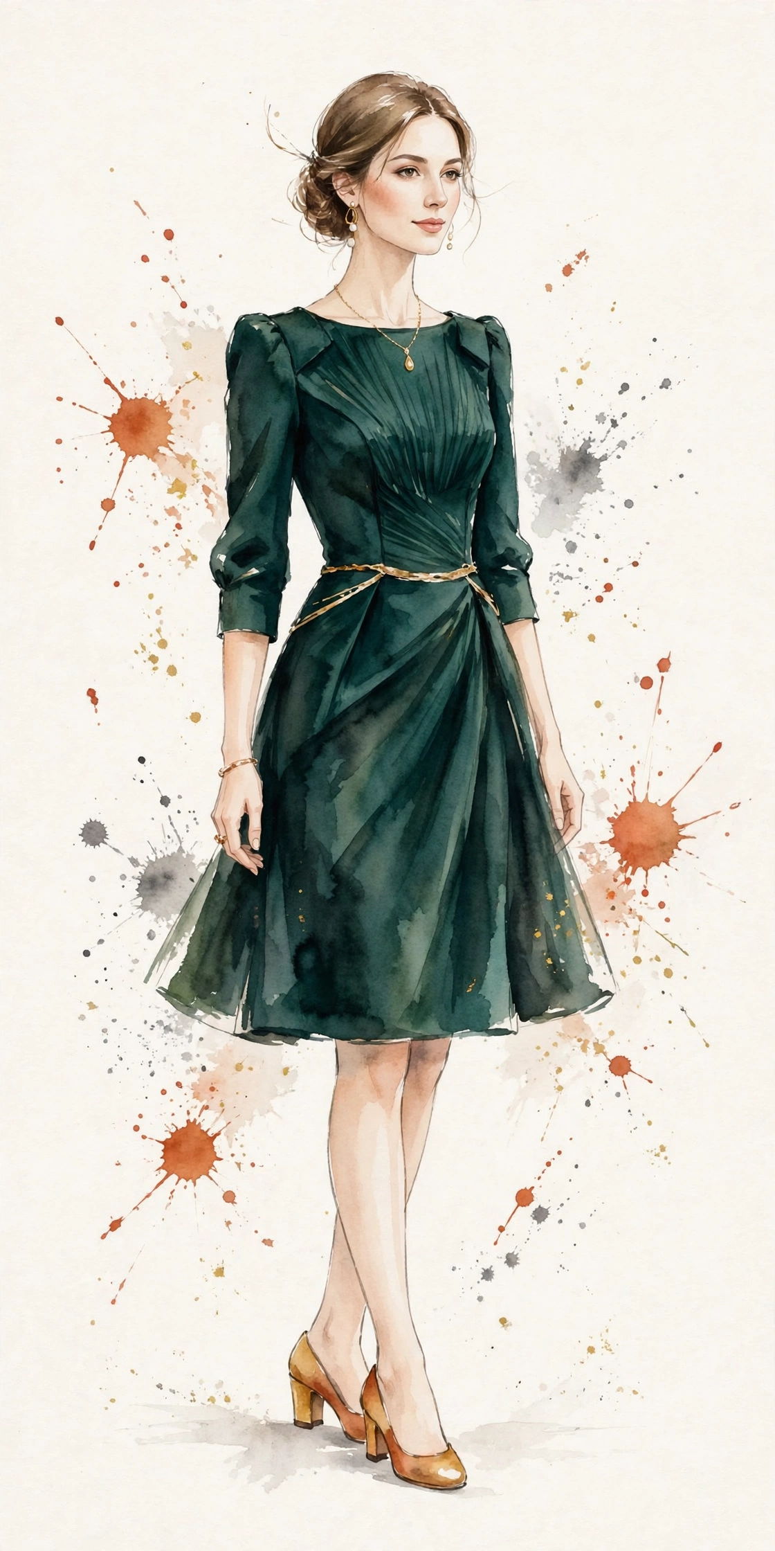 Watercolor illustration of an evening ballroom wedding guest outfit.