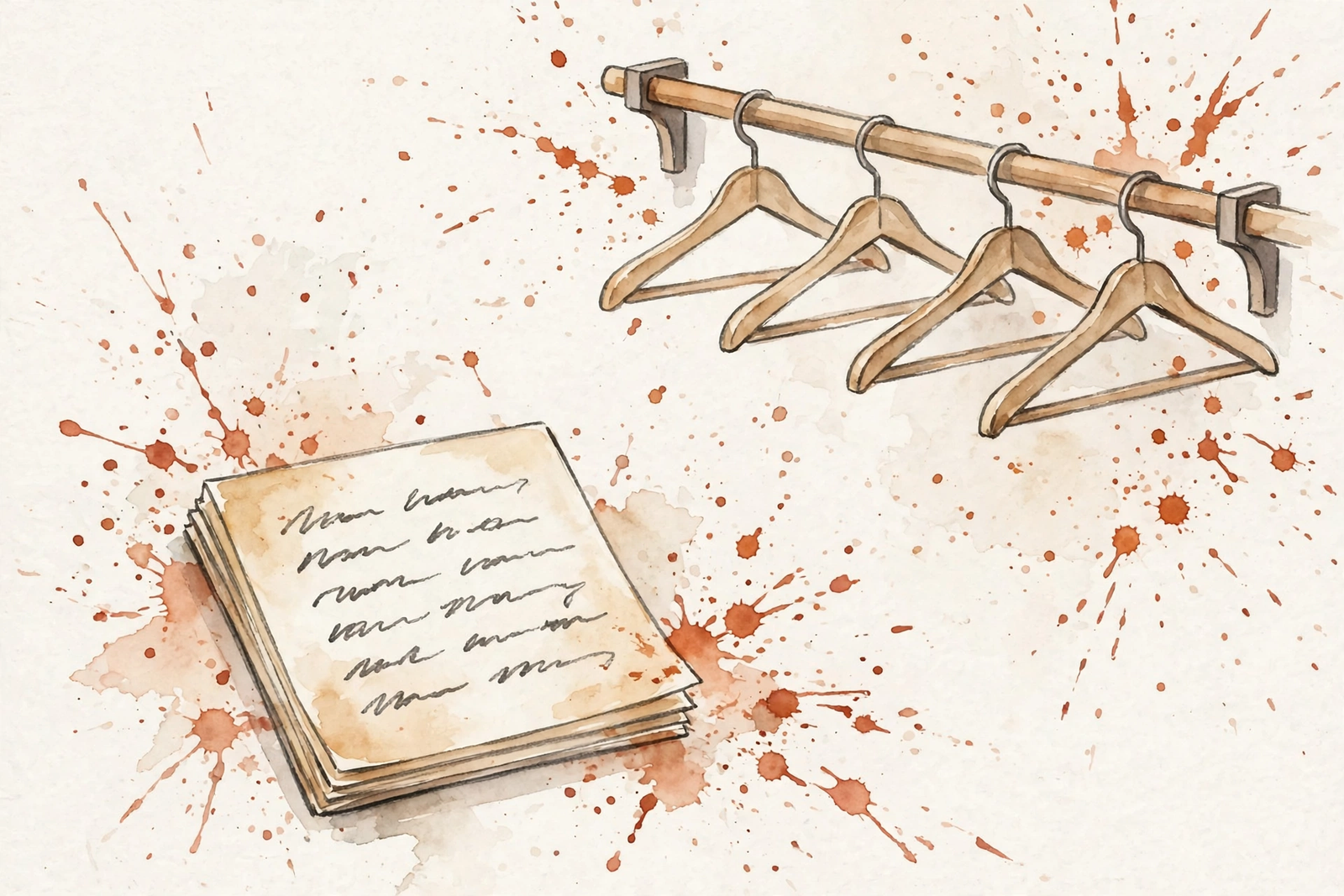Watercolor illustration of a notepad with a short list beside empty hangers.