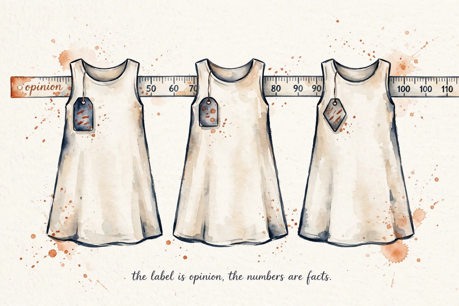 Watercolor illustration of three identical dresses with different size tags and a tape measure.