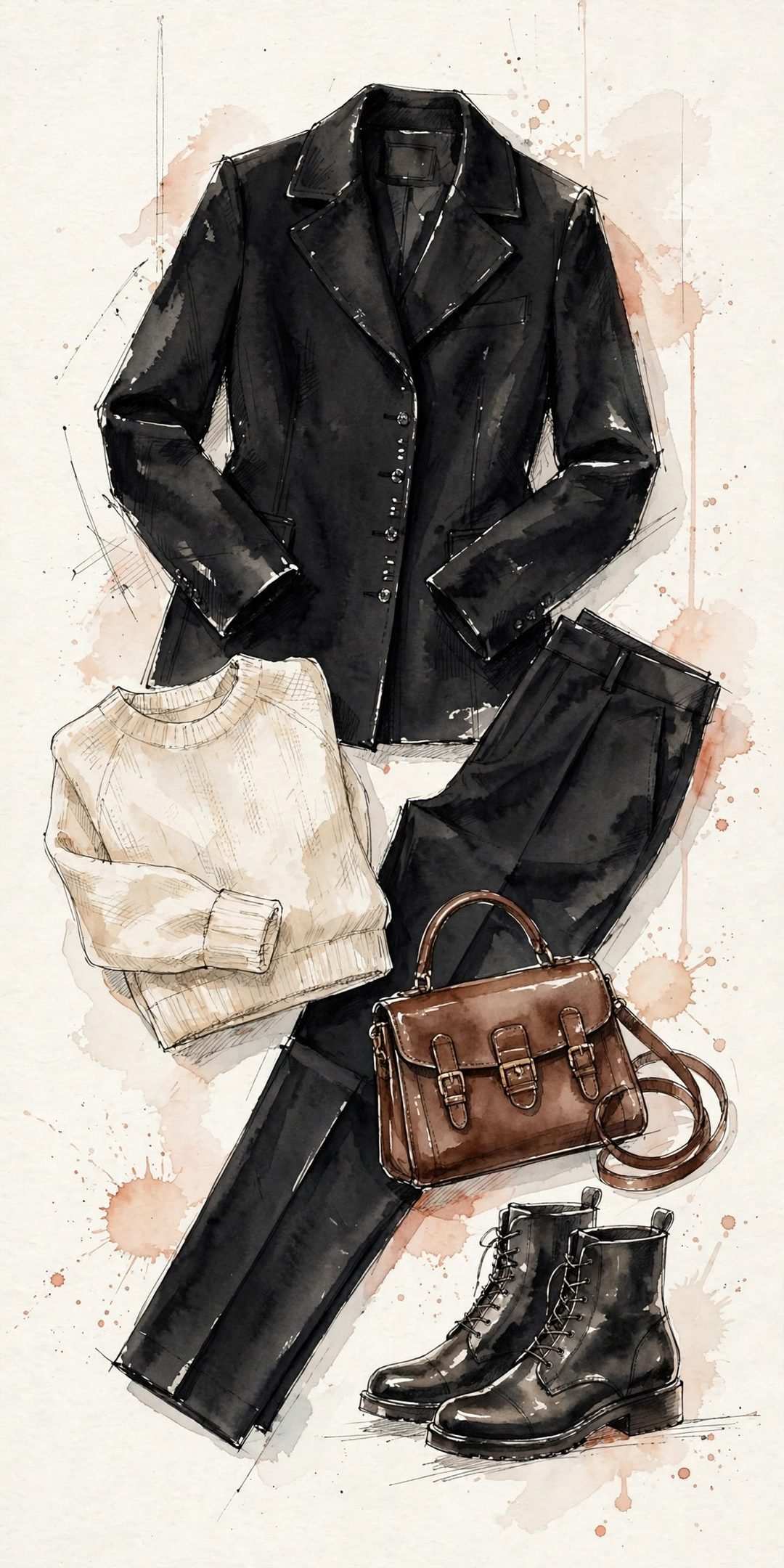 Watercolor illustration of a black and cream outfit laid flat with a single chocolate-brown handbag — the lowest-commitment way to adopt the color.