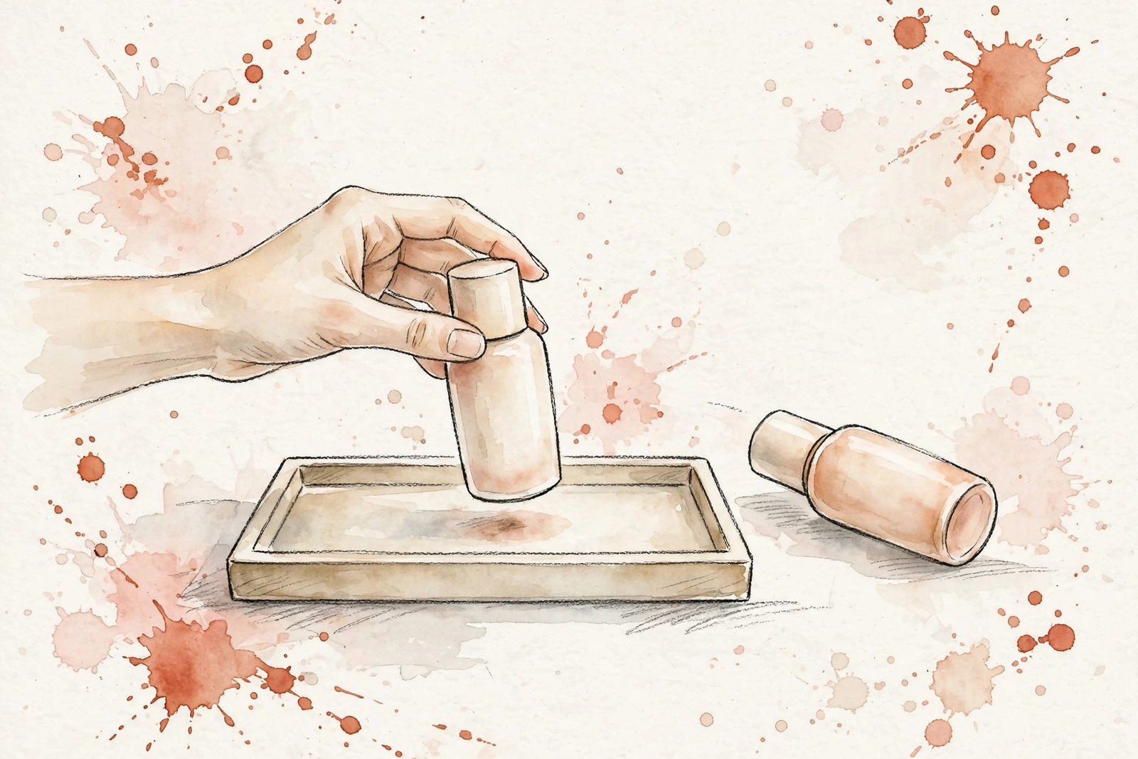 Watercolor illustration of a hand placing one bottle on a tray while another is set aside.