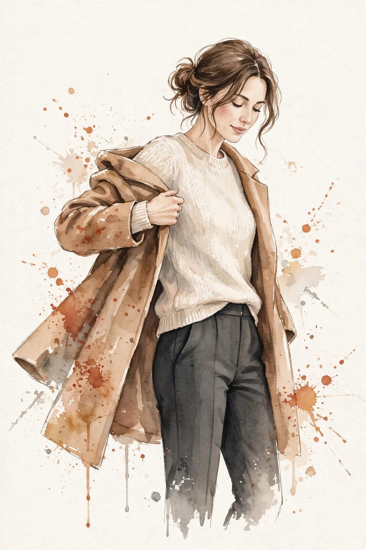 Watercolor illustration of a woman removing her coat indoors, base layer complete.