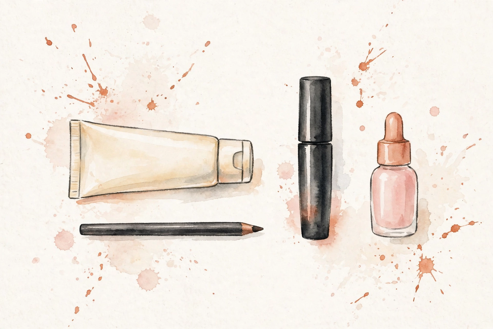 Watercolor illustration of a minimal five-minute beauty kit.