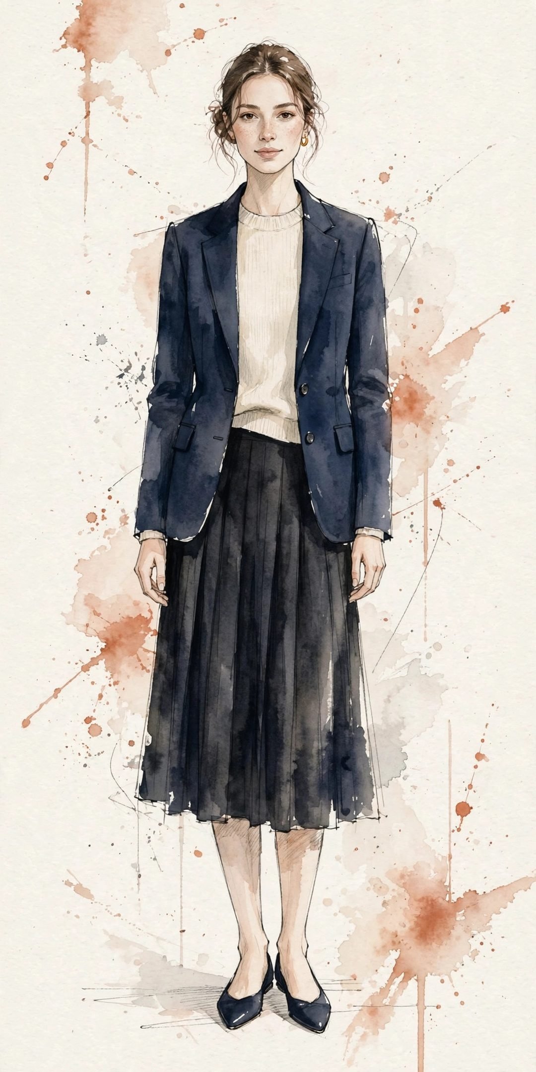 Watercolor illustration of a woman in a navy blazer and cream knit with a dark pleated midi skirt and pointed flats — the skirt-based work formula.