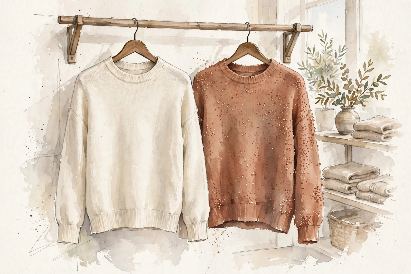 Watercolor illustration of two sweaters on a rail — one smooth, one covered in pills.
