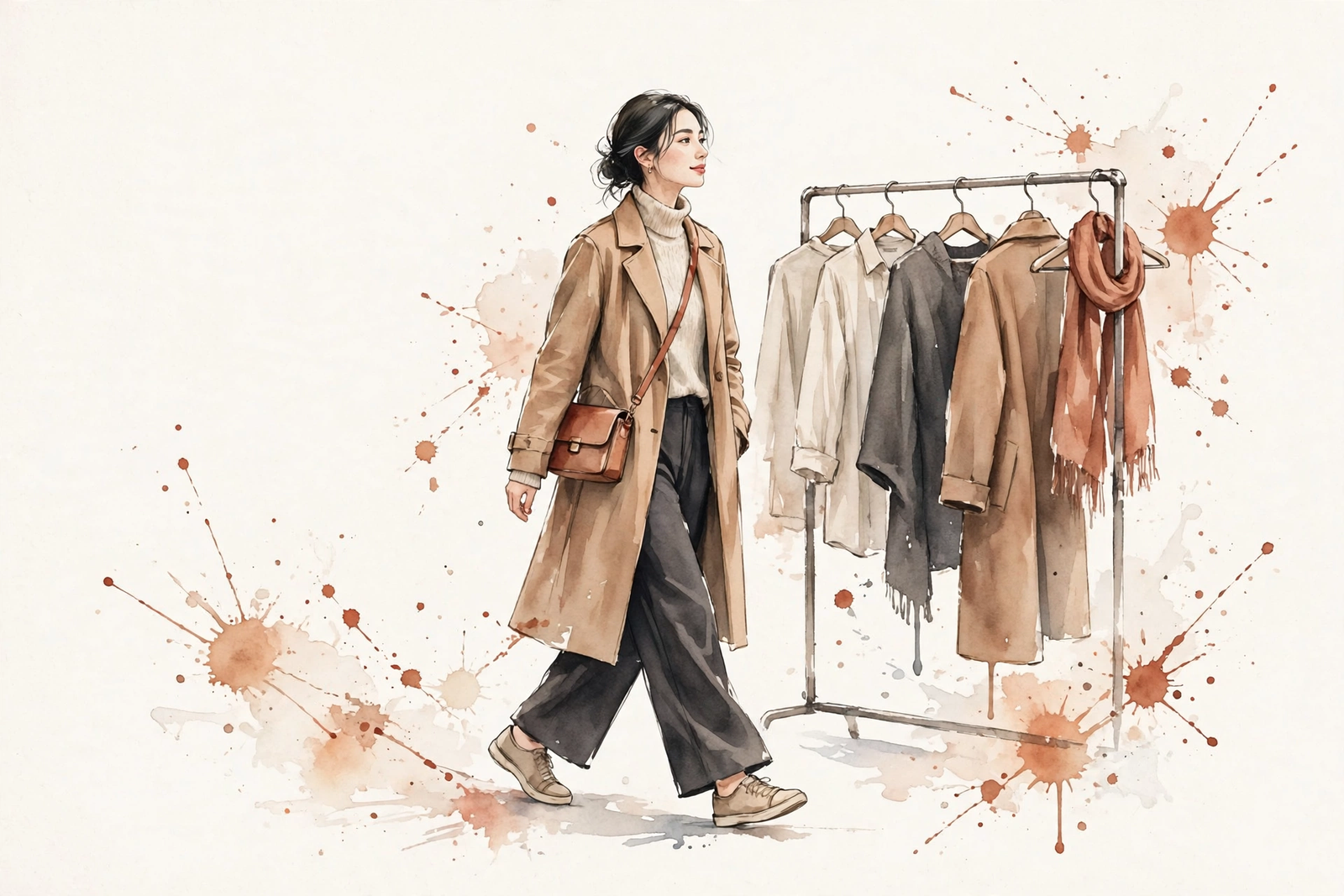 Watercolor illustration of a woman walking calmly past a sale rack.