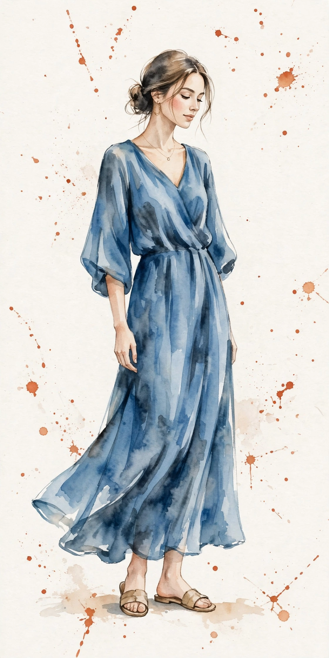 Watercolor illustration of a beach destination wedding guest outfit.