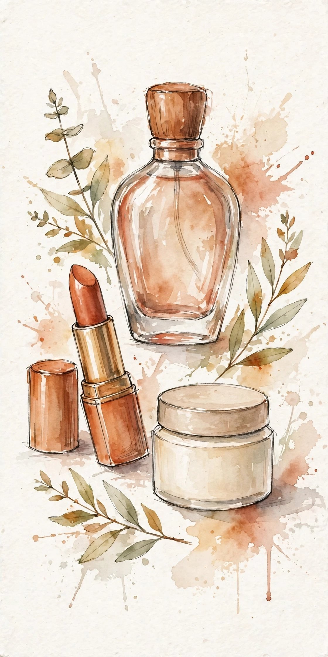 Watercolor illustration of beauty essentials: perfume bottle, lipstick and cream jar