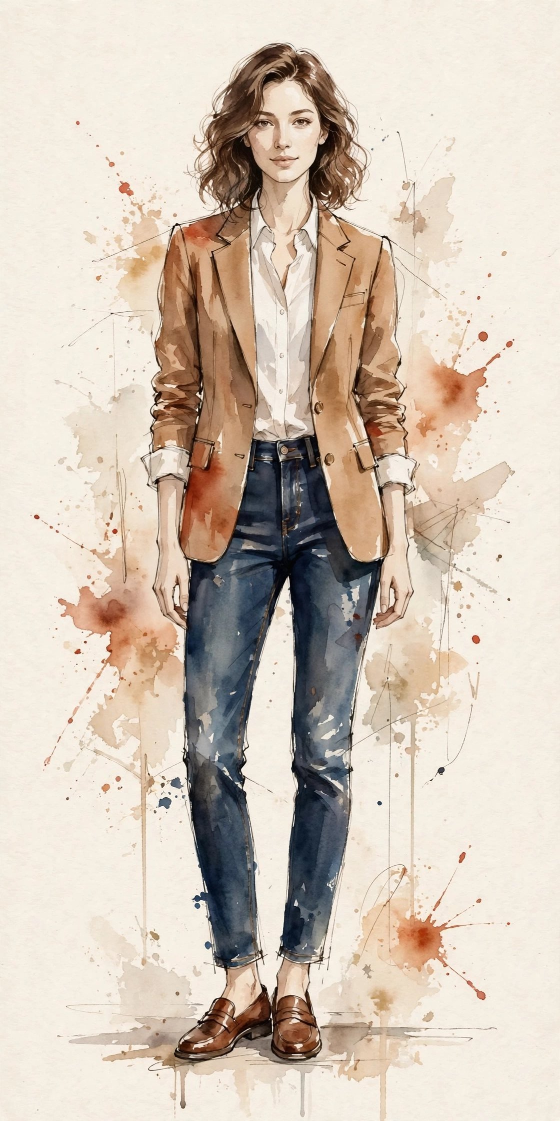 Watercolor illustration of an everyday outfit: camel blazer, white shirt, jeans and loafers