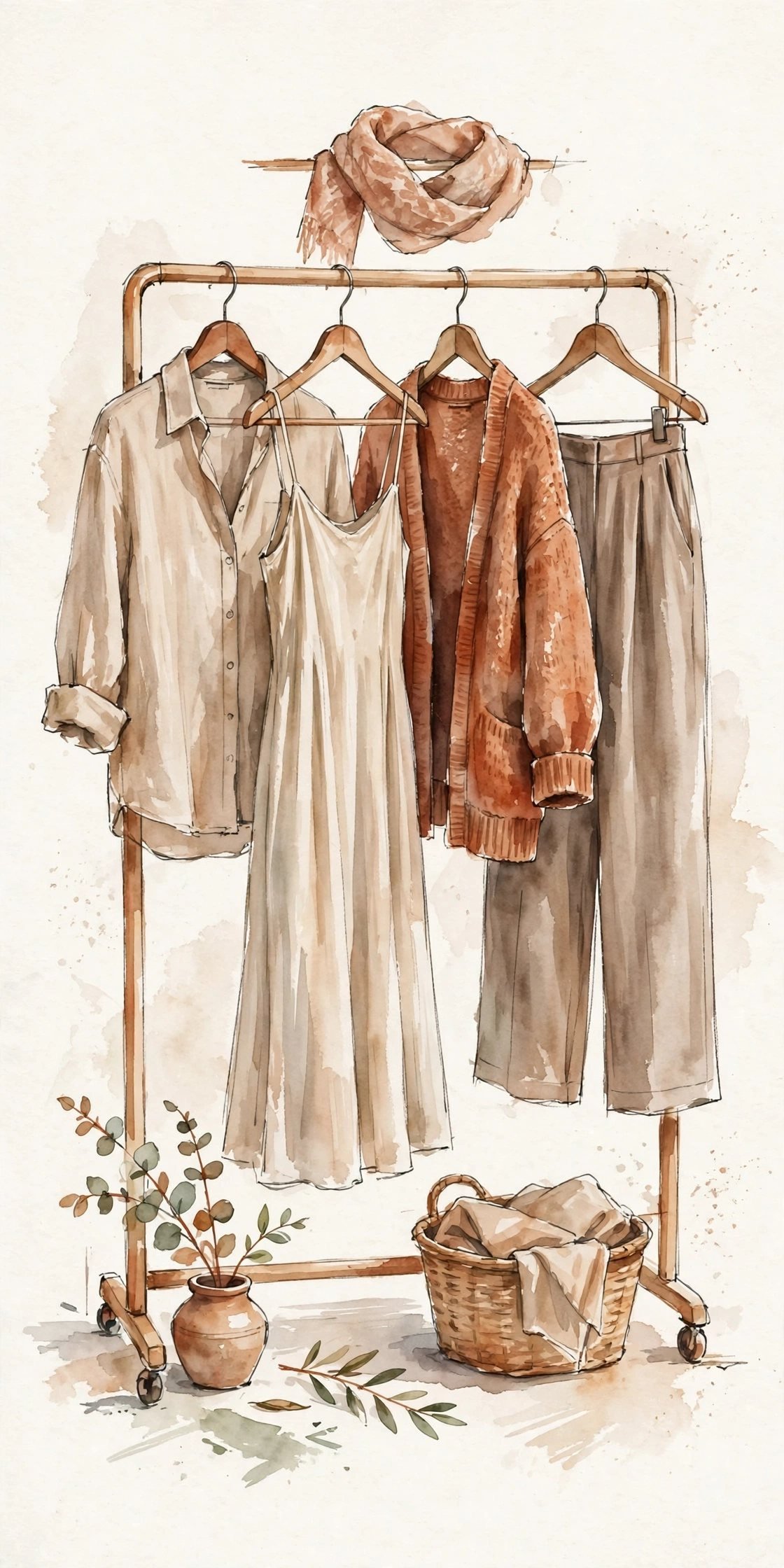 Watercolor illustration of a curated clothing rack with selected garments in warm neutrals