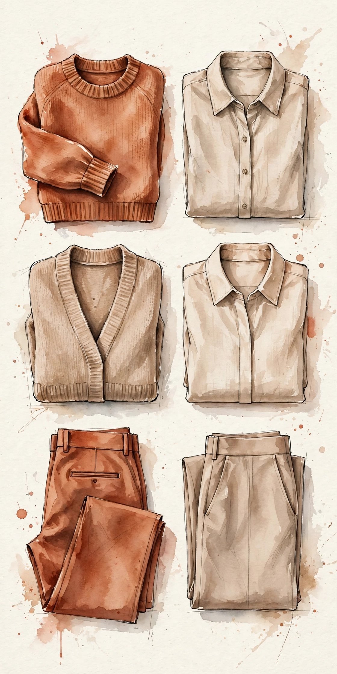Watercolor flat-lay illustration of a capsule wardrobe in warm neutrals and terracotta