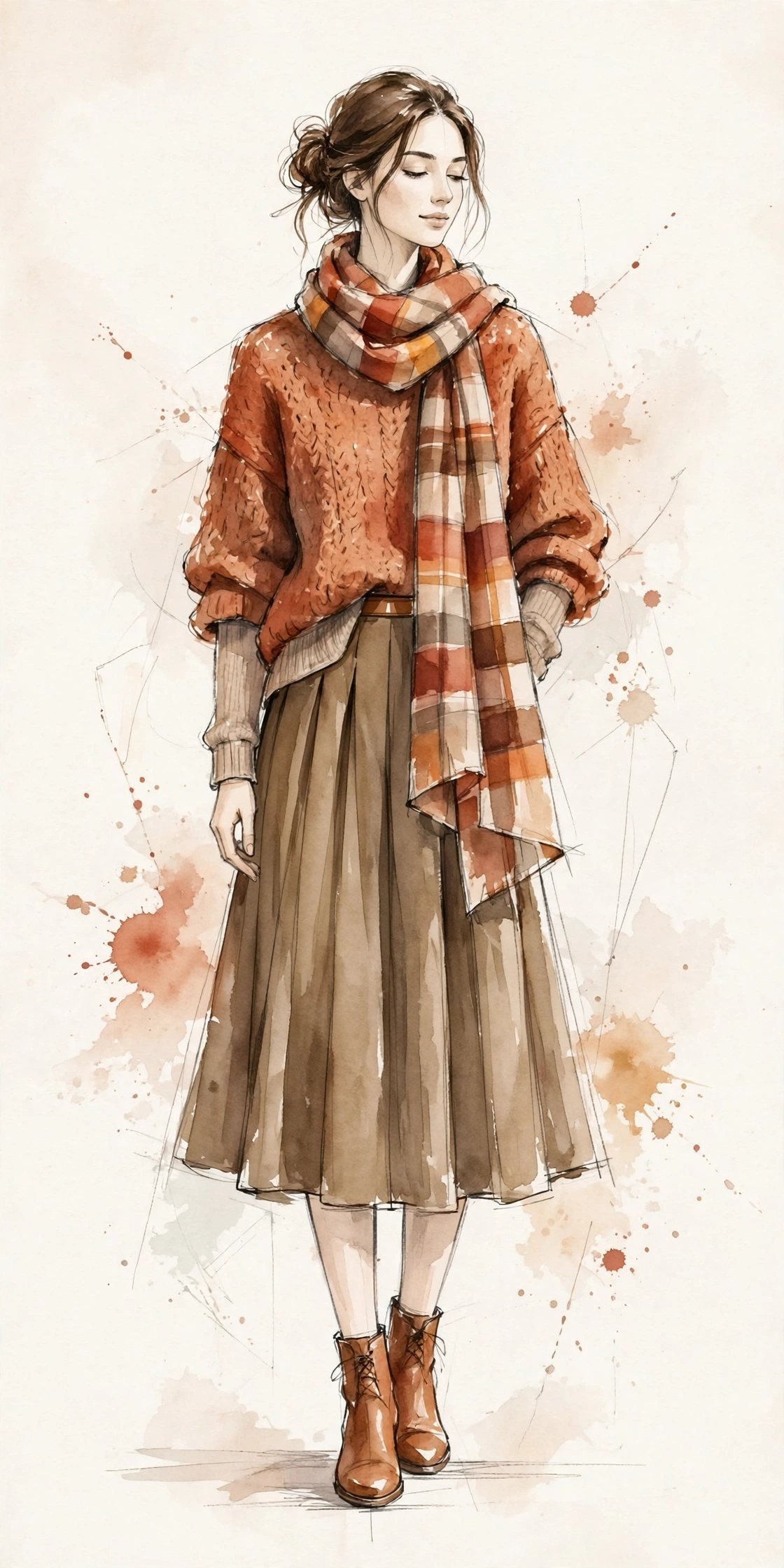 Watercolor illustration of an autumn outfit: rust knit sweater, plaid scarf, midi skirt and boots